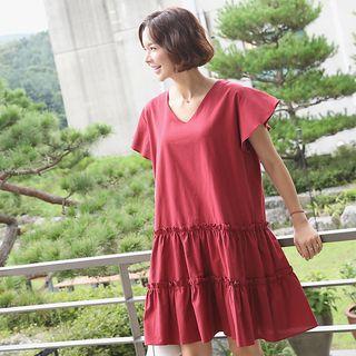 V-neck Tiered-hem Cotton Dress