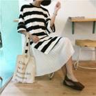 Short-sleeve Striped Mock Two Piece Pleated Midi Dress
