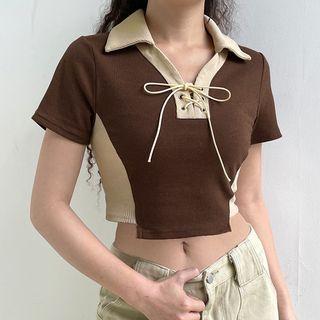 Short Sleeve Color-block Crop Polo Top