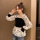Long-sleeve Panel Polka-dot Blouse As Shown In Figure - One Size