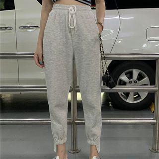 Short-sleeve Embroidered Striped T-shirt / Cropped Harem Pants