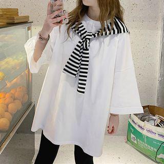 Mock Two-piece Striped Shawl Plain Elbow-sleeve Top