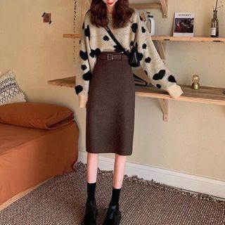 Cow Print Sweater / High-waist Straight-fit Skirt / Set