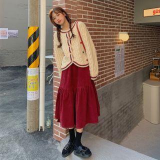 Contrast Trim Cable-knit Cardigan / Midi A-line Skirt