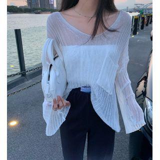 Bell-sleeve Plain Knit Top / Gradient Pants