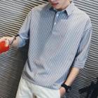 Half Placket Striped Elbow-sleeve Shirt