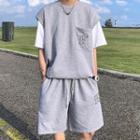 Set: Mock Two-piece Short-sleeve Letter Embroidered T-shirt + Shorts