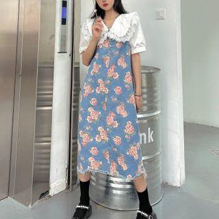 Short-sleeve Lace Collar Blouse / Floral Print Denim Midi A-line Overall Dress