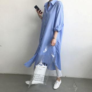 Slit-side Stripe Long Shirtdress With Sash