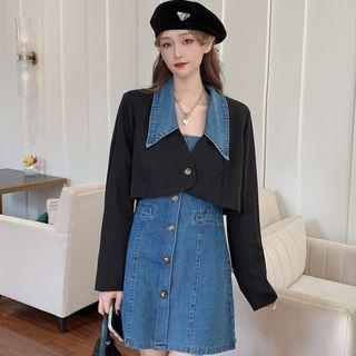 Denim Spaghetti Strap A-line Dress / Cropped Blazer