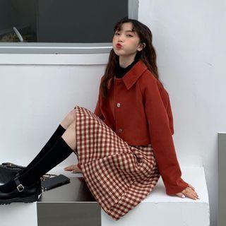 Cropped Button-up Coat / Plaid Pinafore Dress