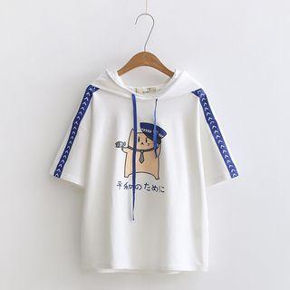 Elbow-sleeve Printed Hooded T-shirt