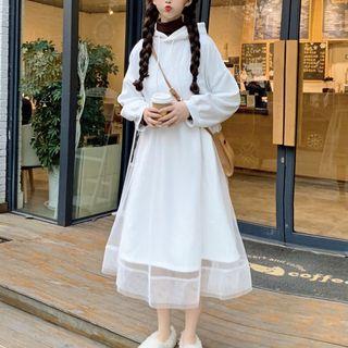 Mesh Overlay Hoodie Dress White - One Size