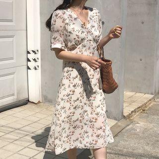 Flower Print Short-sleeve Midi Chiffon A-line Dress