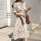 Flower Print Short-sleeve Midi Chiffon A-line Dress
