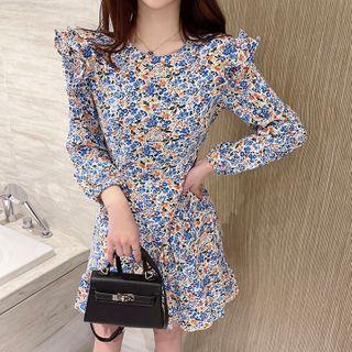 Long-sleeve Ruffle-trim Floral A-line Dress