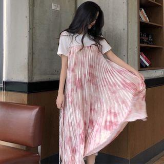 Short-sleeve Pleated Pattern Printed Dress As Shown In Figure - One Size