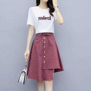 Set: Short-sleeve T-shirt + Asymmetric Plaid Skirt