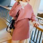 Set: Long-sleeve V-neck Top + Mini A-line Skirt