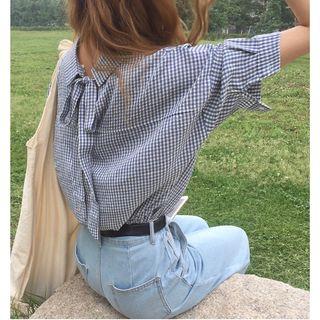 Plaid Short-sleeve Tie-back Shirt