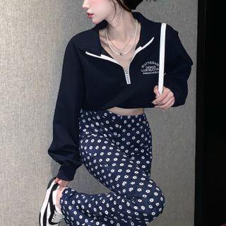 Half-zip Cropped Sweatshirt / Floral Boot-cut Pants