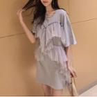 Elbow-sleeve Mesh Ruffled Trim Mini T-shirt Dress