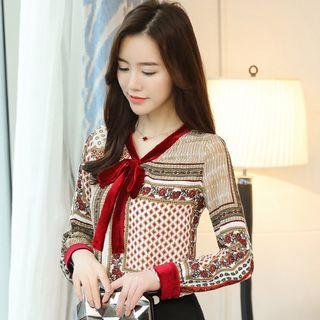 V-neck Bow Accent Printed Long-sleeve Top