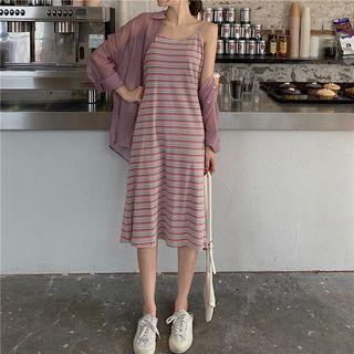 Plain Light Shirt / Striped Spaghetti Strap Midi Dress