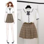 Contrast Trim Short-sleeve Knit Top / Plaid Pleated Skirt / Set