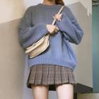 Plain Sweater / Mini Pleated Plaid A-line Skirt / Mock Turtleneck Striped Long-sleeve Top