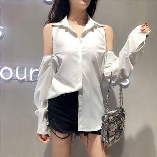 Cold Shoulder Plain Shirt White - One Size