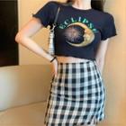 Printed Short-sleeve Cropped T-shirt / Plaid Mini Pencil Skirt