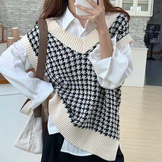 Houndstooth V-neck Knit Vest Vest - Houndstooth - One Size