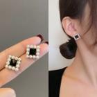 Square Faux Pearl Rhinestone Earring 1 Pair - S925 Silver Needle - Earring - Black - One Size
