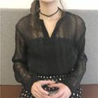 Dotted V-neck Long-sleeve Blouse