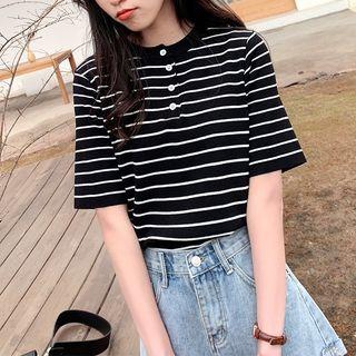 Short-sleeve Buttoned Stripe Knit Top