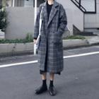 Double Breasted Plaid Long Coat Gray - One Size
