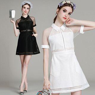 Mesh Trim Short Sleeve Collared A-line Dress