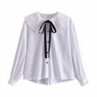 Long-sleeve Embroidered Collar Tie-neck Blouse