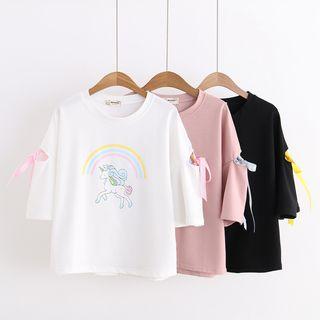 Elbow-sleeve Unicorn Print Top