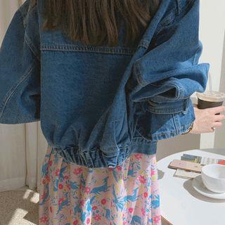 Puff-sleeve Flap-pocket Cropped Denim Jacket Dark Blue - One Size