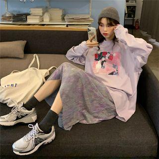 Long-sleeve Printed T-shirt + Ruched Skirt