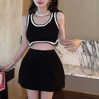 Contrast Trim Crop Knit Tank Top / Mini A-line Skirt