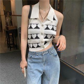 Halter Neck Jacquard Knit Top Top - White & Black - One Size