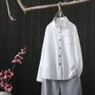Long-sleeve Contrast Stitching Shirt White - One Size