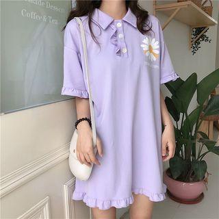 Elbow-sleeve Frill Trim Flower Print A-line Mini Polo Dress