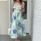 Spaghetti-strap Slit-side Flower Print Dress As Shown In Figure - One Size