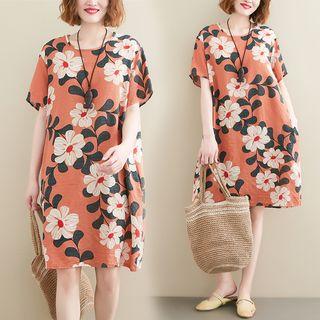 Print Round-neck Short-sleeve Dress As Shown In Figure - L