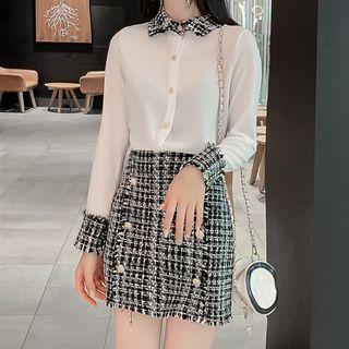Set: Tweed Panel Blouse + Mini Straight-fit Skirt