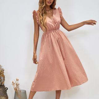 Sleeveless V-neck Frill Trim Midi A-line Dress